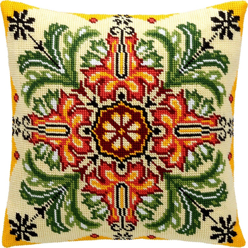 Brvsk Ornamental Needlepoint Kit for Adults and Beginners â€” Kaleidoscope of Flowers 16â€³â€‰Ã—â€‰16â€³ with Clear, Precise Printed Design on Cotton Canvas; Includes 2 Needles, Yarn, and Easy-Read Chart - Image 1